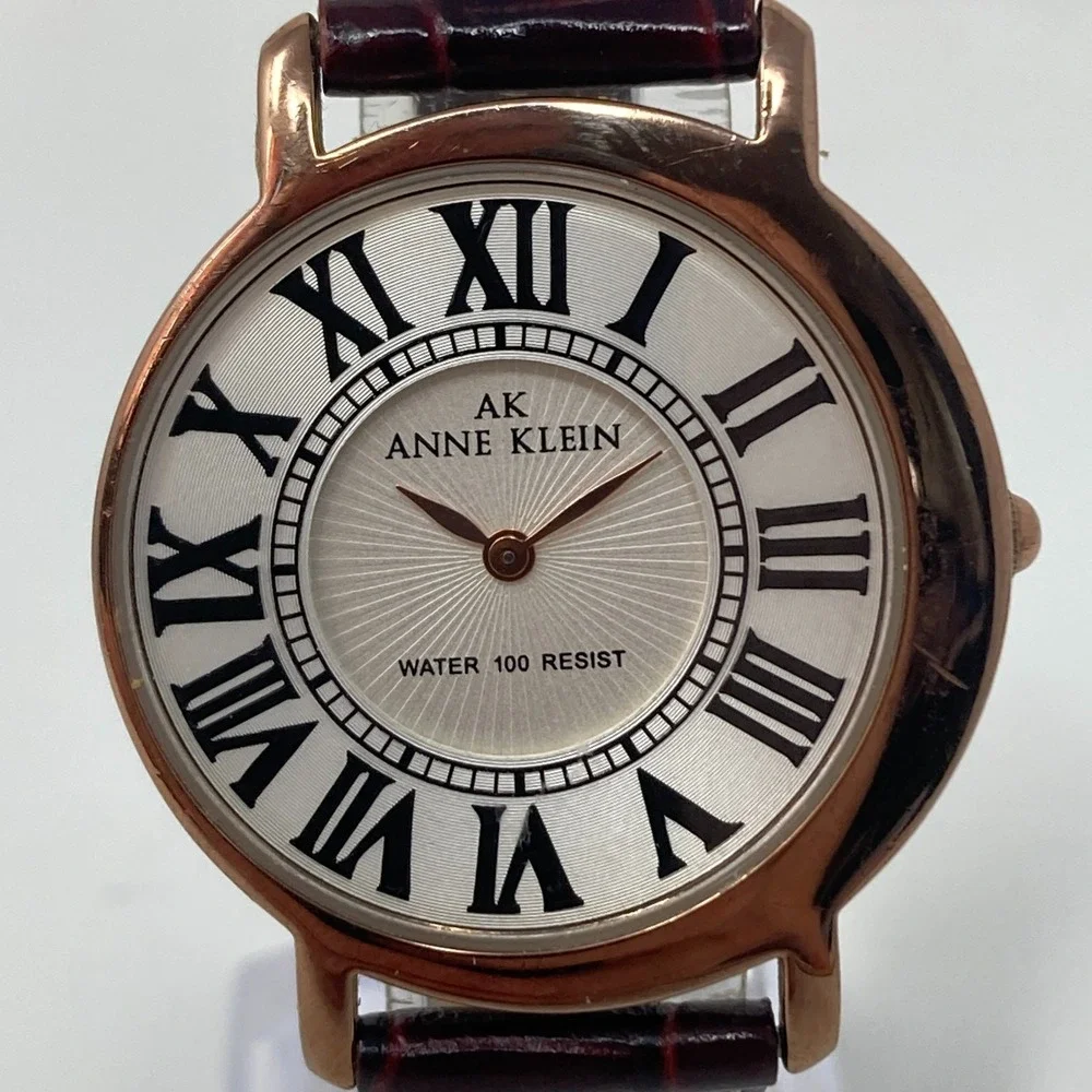 Anne Klein Womens Watch 34mm Rose Gold Tone Asymmetric Leather New Battery 7.75
